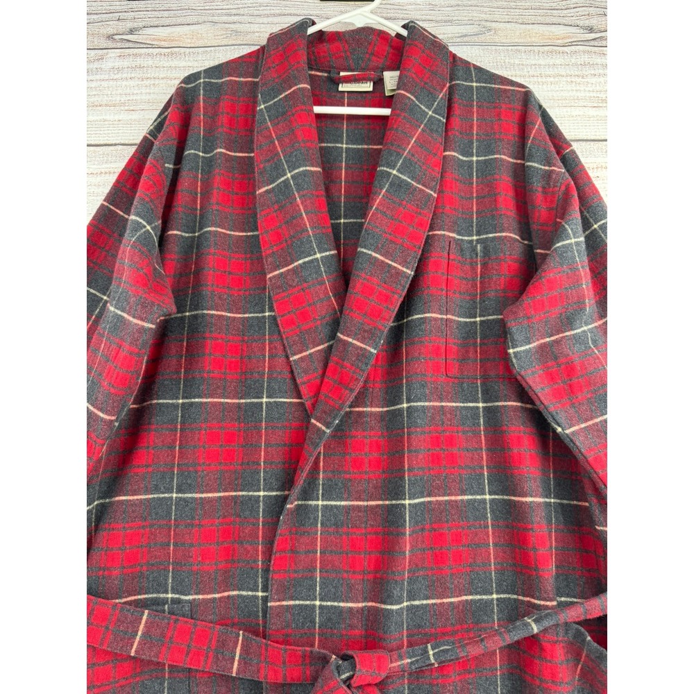 L.L. Bean Flannel Robe Men Large Tall Red Plaid Cotton Belted Loungewear - Picture 3 of 9